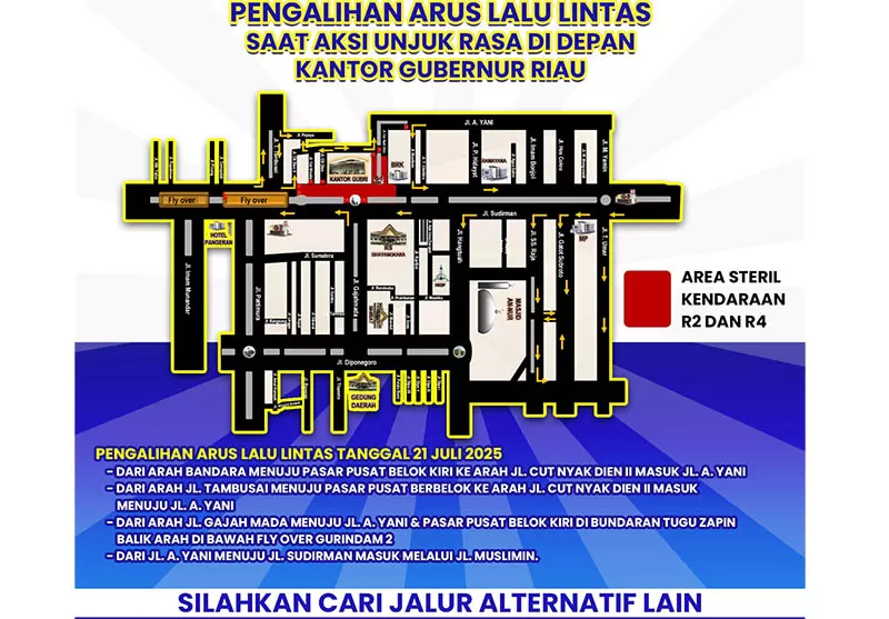 Jangan Sampai Terjebak Macet, Ini Skema Pengalihan Arus Saat Demo Tolak Relokasi TNTN 20 Skema pengalihan arus lalu lintas imbas aksi demo AMMP di sekitar Kantor Gubernur Riau